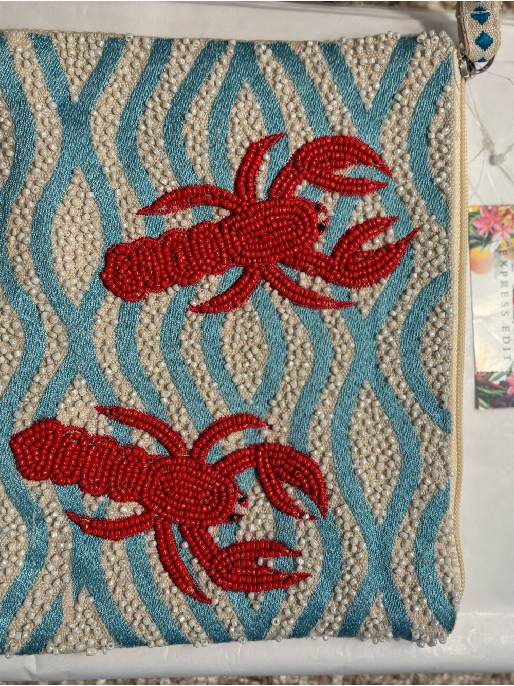 A&B Express edit Beaded Lobster Pattern Accent Pouch - Blue, Red, Cream -